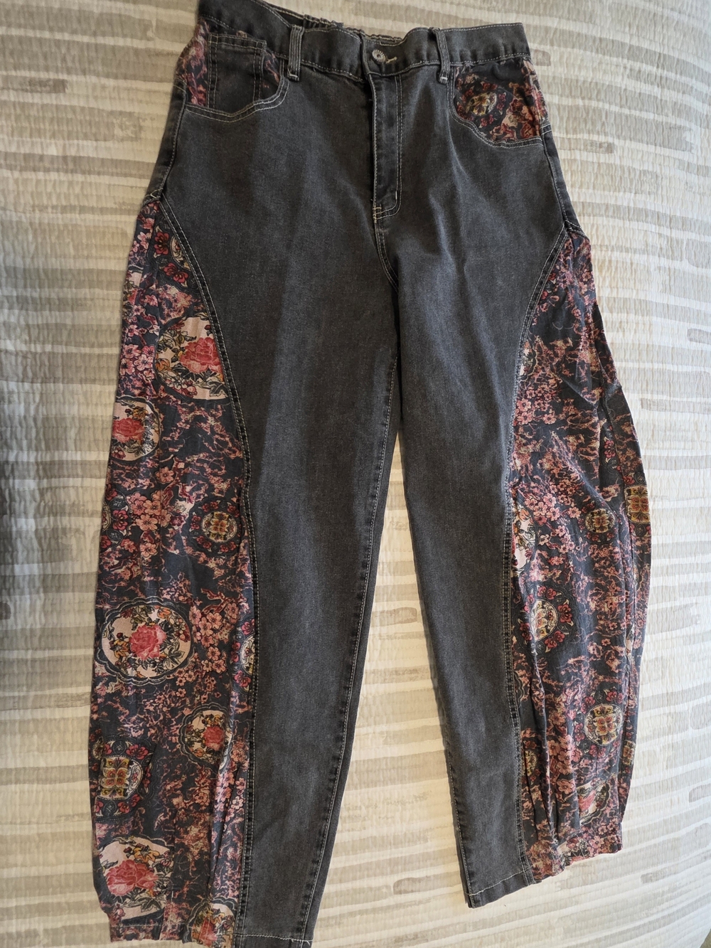 POL Black Barrel Jeans with Pink Floral Side Panels